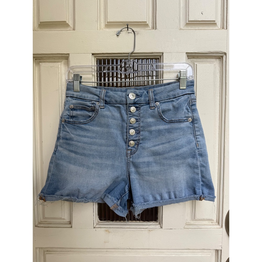 American Eagle Denim Shorts Size 6 Curvy Hi-Rise Button Fly Distressed Hem
